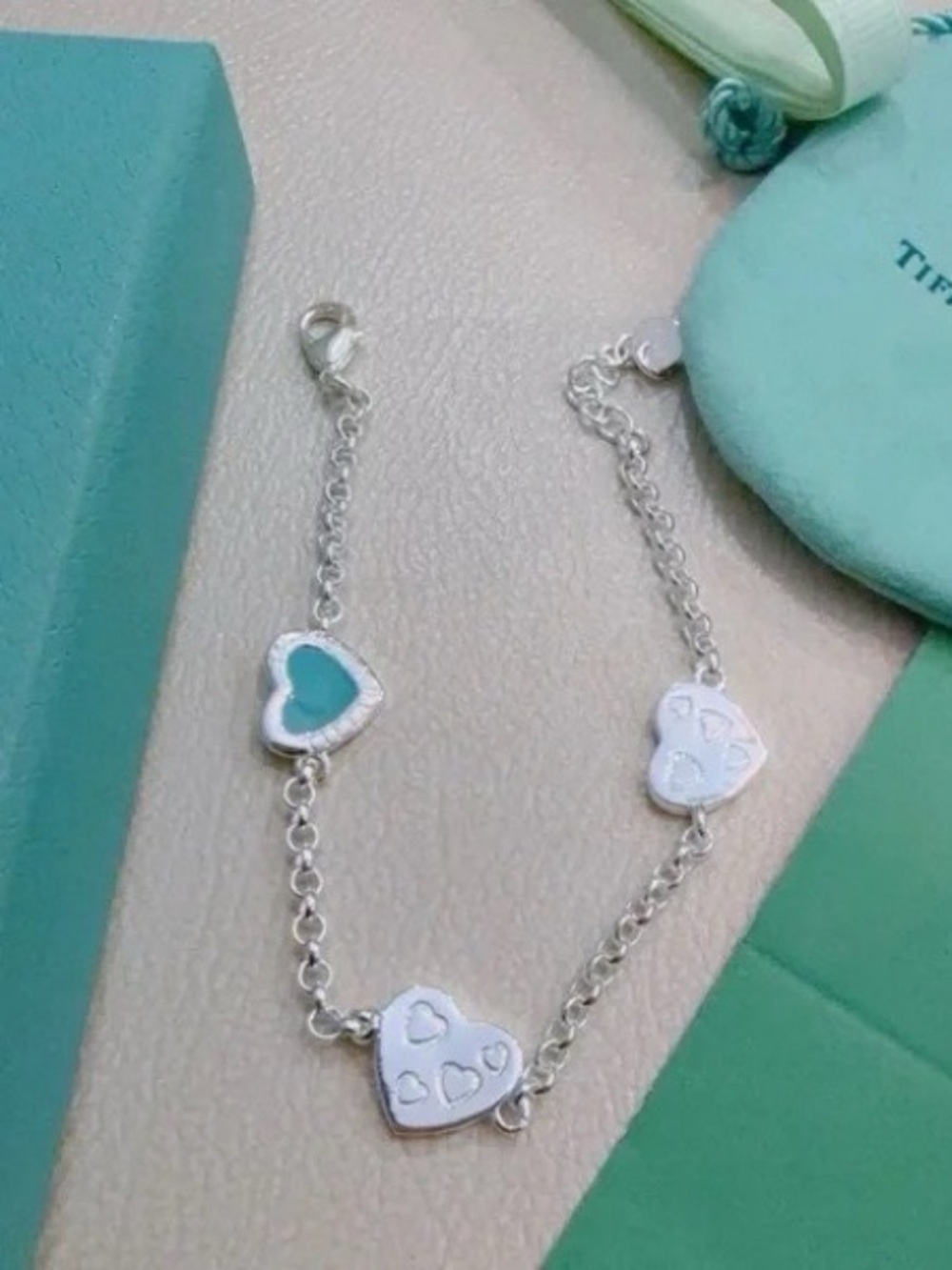 Tiffany & Co. Silver Heart Charm Bracelet with Turquoise Enamel